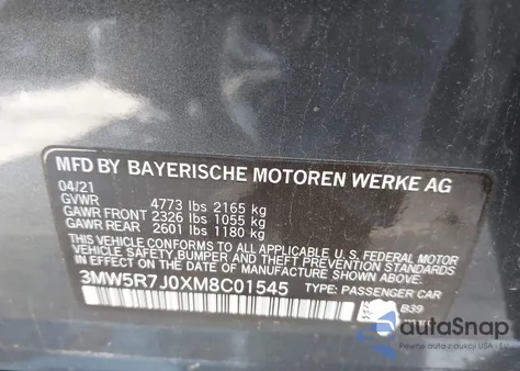 2021 BMW 330I xDrive z USA, uszkodzony, nr VIN 3MW5R7J0XM8C01545